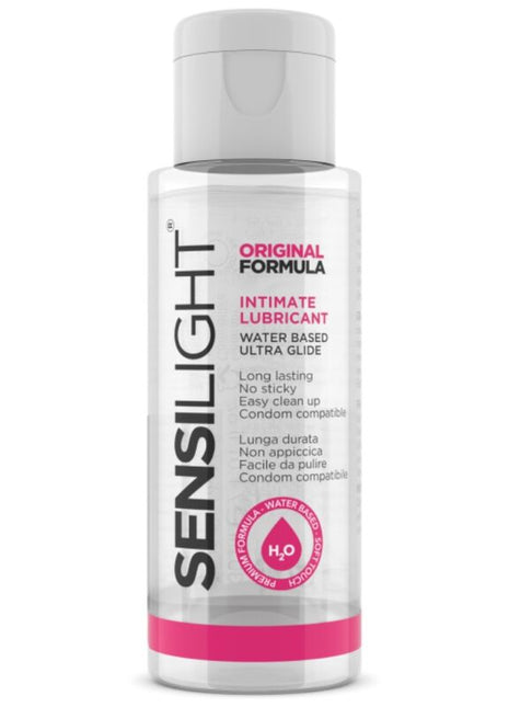 Flacone di liquido a base acquosa trasparente con striscia rosa sul fondo e tappo bianco
