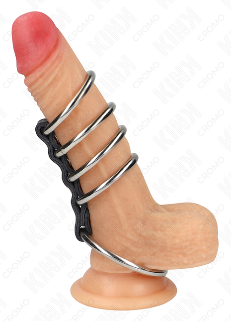 KINK – Set 5 anelli per pene in metallo collegati da pelle