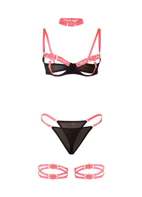 SUBBLIME – Completo Reggiseno con Collana e Dettagli Gamba Rosa Fluo